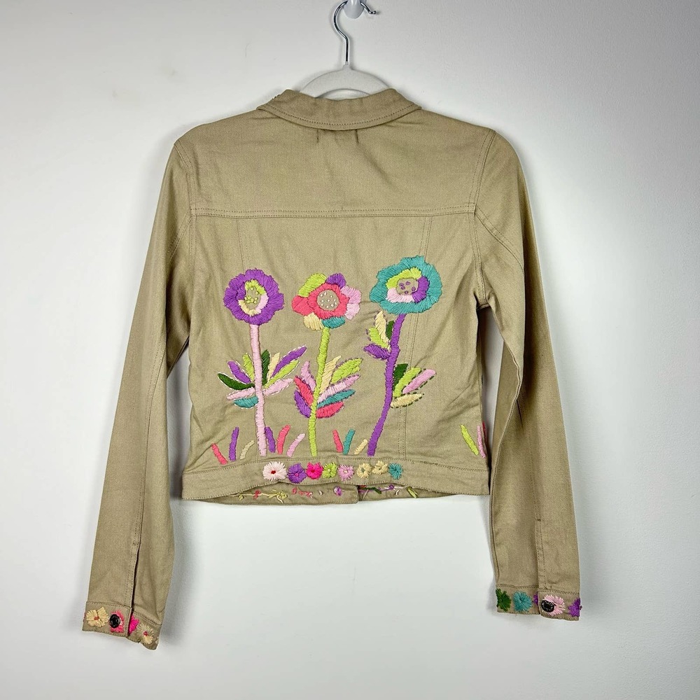 NEW Antica Sartoria Tan Denim Jacket Embroidered Flowers Size 2 - Picture 11 of 11